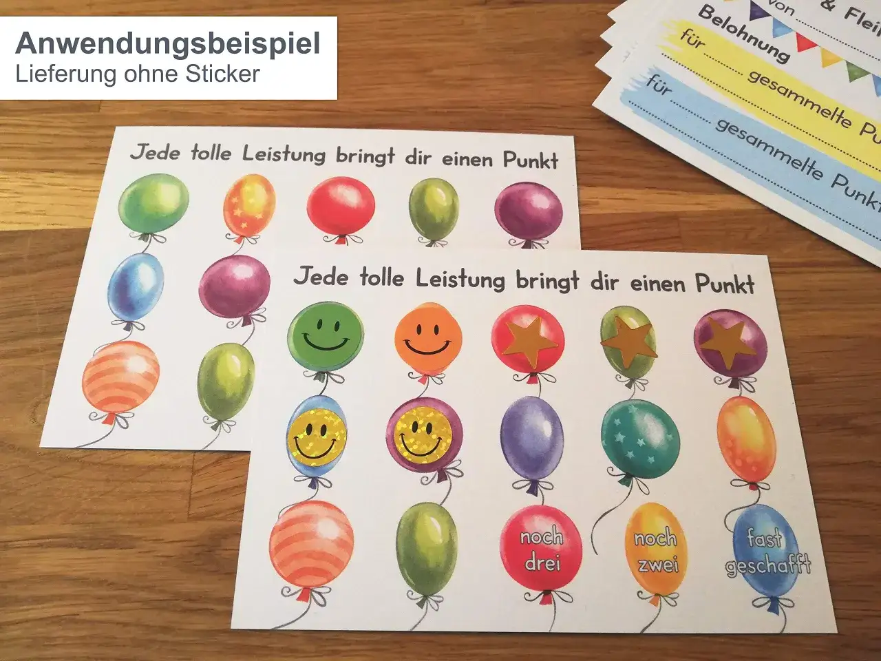 Bunte Ballons auf Karten f&uuml;r ein Belohnungssystem in der Grundschule. Jede Leistung bringt einen Punkt.