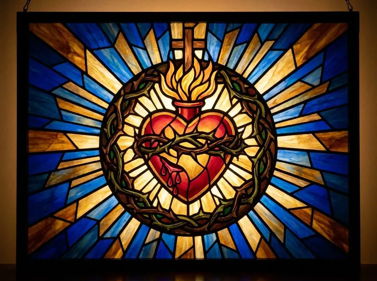 Vitrail rayonnant : le cœur sacré, entouré d'épines et de flammes, symbolise l'amour divin. Le tattoo, une œuvre d'art lumineuse.
