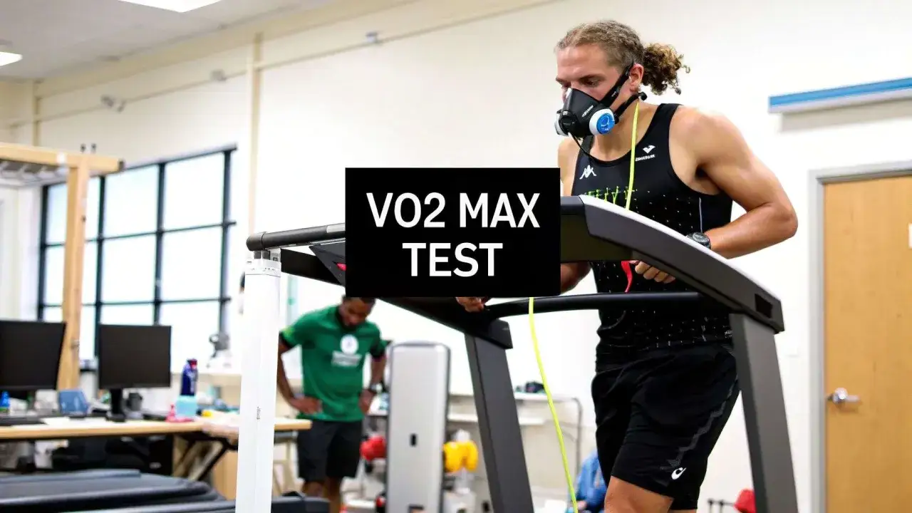 Zawodnik w masce tlenowej biegnie na bieżni podczas testu VO2 max.
