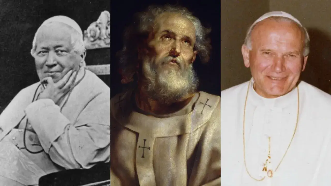 Trzech papieży XX wieku: Pius X, św. Piotr i Jan Paweł II.