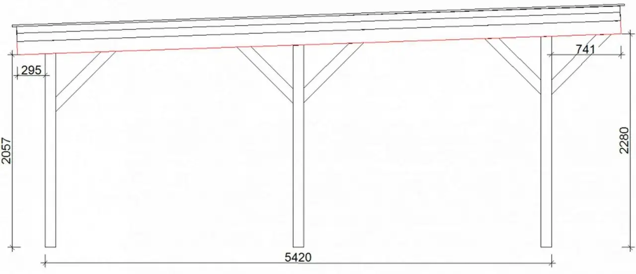 Schemat wiaty z wymiarami: wysokość słupów 2057 i 2280 mm, szerokość 5420 mm. Widoczne krokwie na wiate, wsporniki i dach.