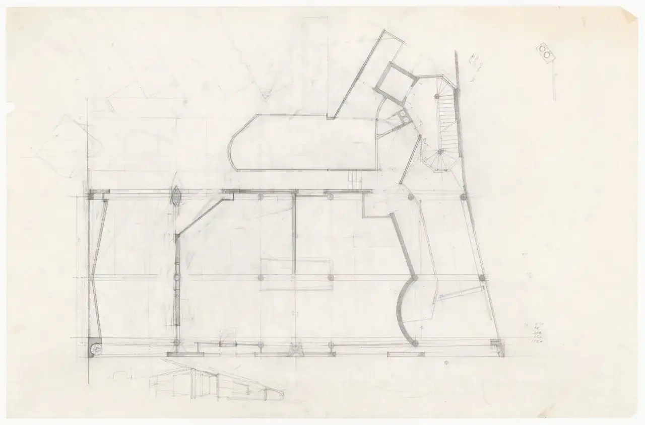 Plan d'architecte détaillé, montrant comment décalquer avec du papier calque. Lignes fines, courbes et escaliers en colimaçon.