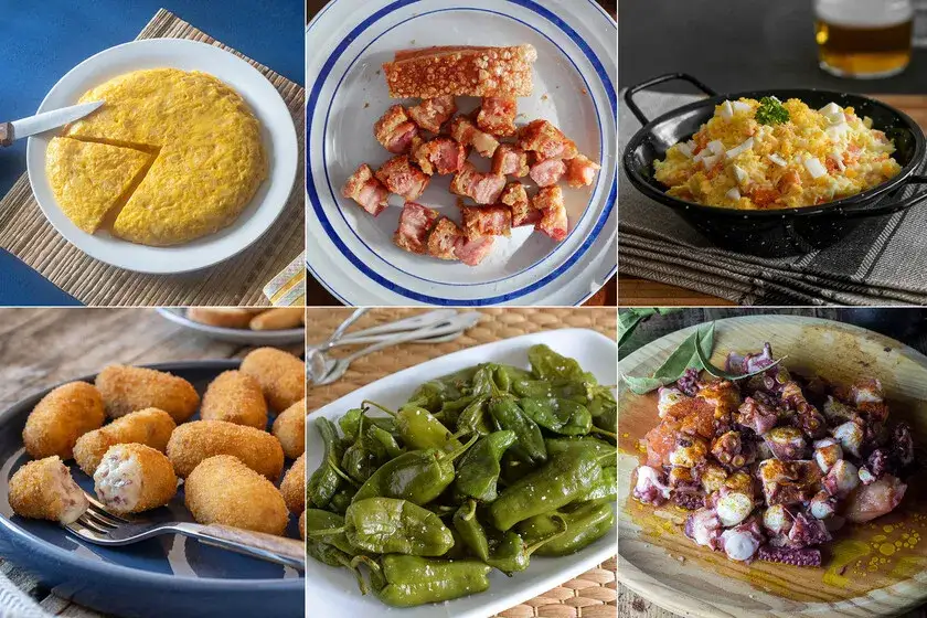 diferentes tipos de tapas españolas en una mesa: tortilla, gambas al ajillo, pintxos