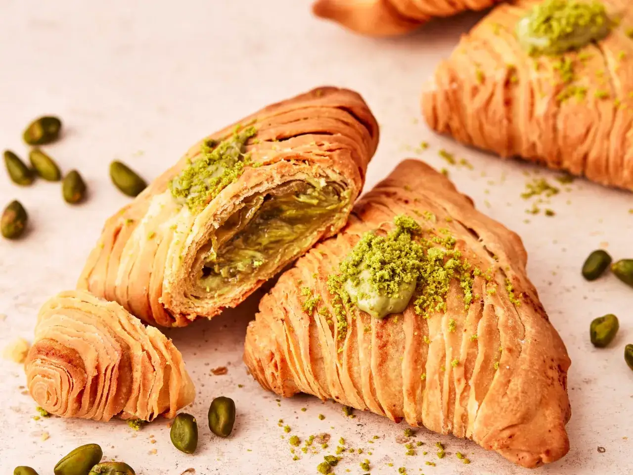 Leckereien zum Backen mit Pistaziencreme: goldbraune, geschichtete Geb&auml;cke, gef&uuml;llt mit gr&uuml;ner Pistaziencreme und bestreut mit gehackten Pistazien.