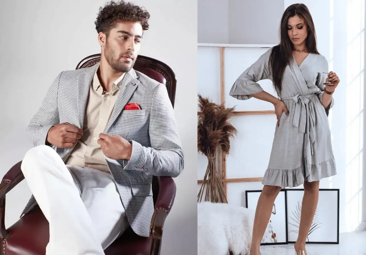 Mężczyzna w marynarce w kratkę i beżowej koszuli, kobieta w szarej sukience. Stylizacje idealne do pracy, czyli business casual.
