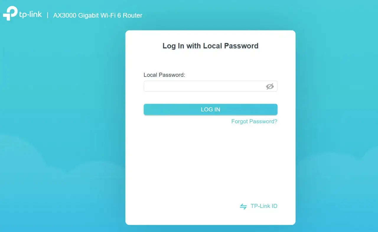 Ekran logowania do routera TP-Link AX3000. Wpisz hasło, aby skonfigurować router TP-Link.