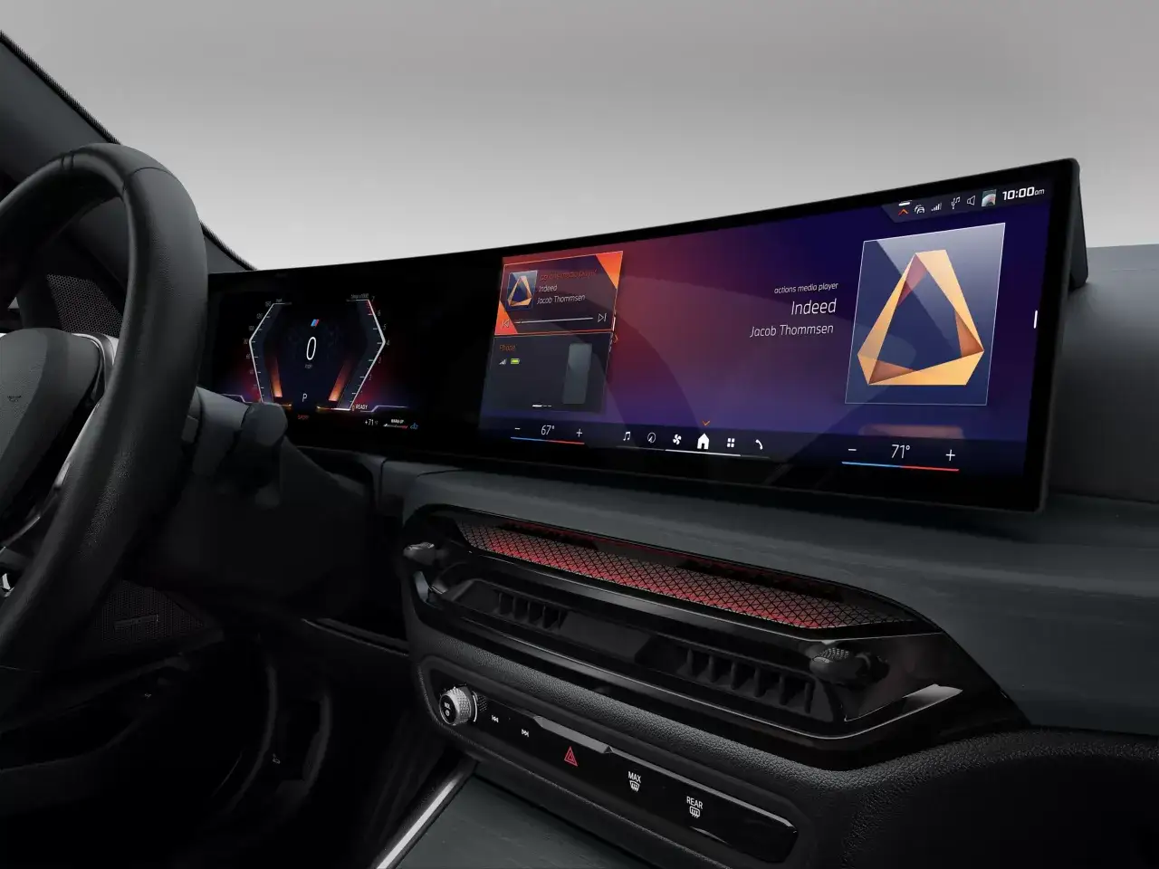 Wnętrze BMW 3 2025 z dużym ekranem multimedialnym, cyfrowymi zegarami i podświetlanymi nawiewami.