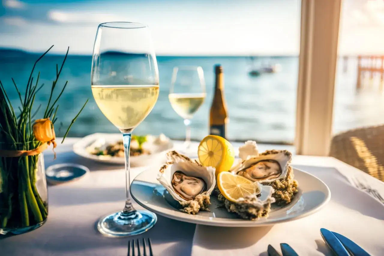 Austern mit Zitrone und Wei&szlig;wein am Meer. Perfekte trinktemperatur f&uuml;r den Genuss, nicht f&uuml;r Rotwein Primitivo.