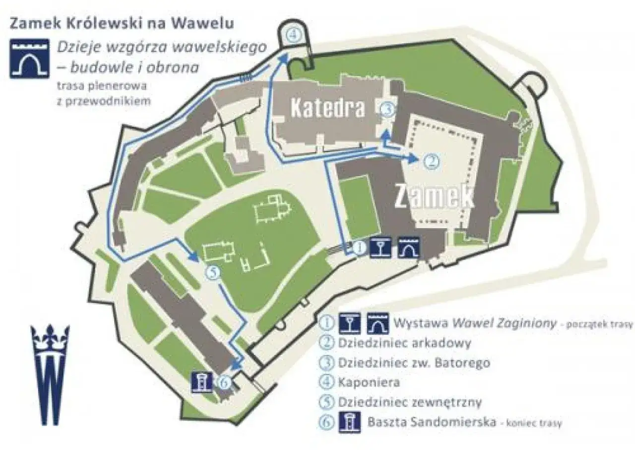 Mapa Wawelu z zaznaczonymi atrakcjami i trasami