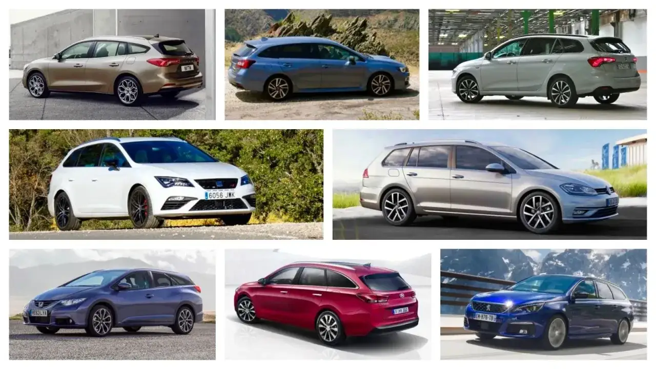Varios modelos de que es un coche compacto, familiares y station wagon, en diferentes colores y entornos.
