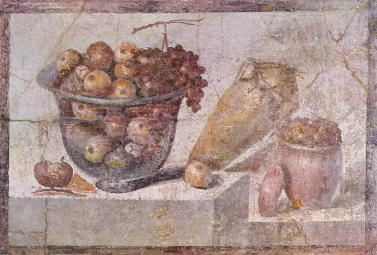 Römisches Fresko mit Früchten und Amphore, inspiriert von den Festmählern des Lucius Licinius Lucullus.