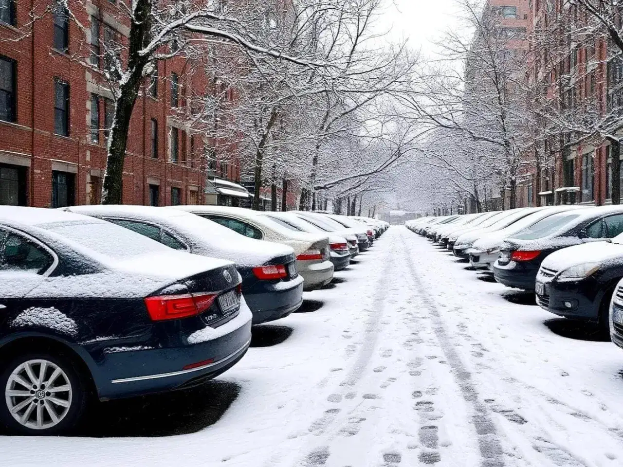 Zimowy krajobraz miejski z rzędami samochodów pokrytych śniegiem. Zastanawiasz się, ile miejsc parkingowych na mieszkanie?