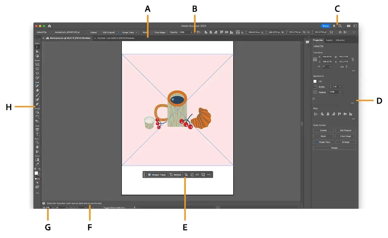 Adobe Illustrator 2025 interface showing a coffee cup illustration, with options like 