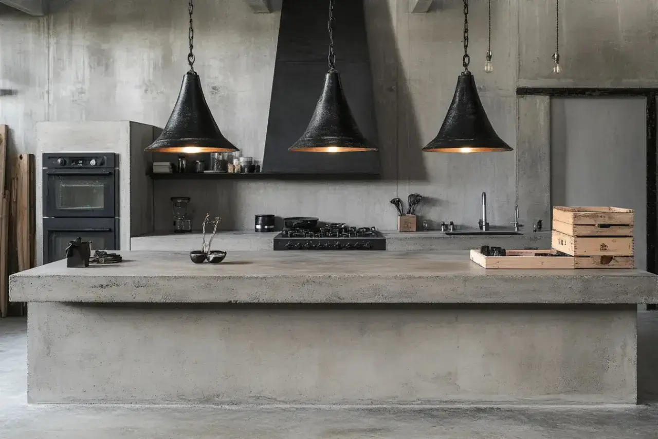 Cocina industrial con encimera microcemento, hornos negros, campana extractora y lámparas colgantes.