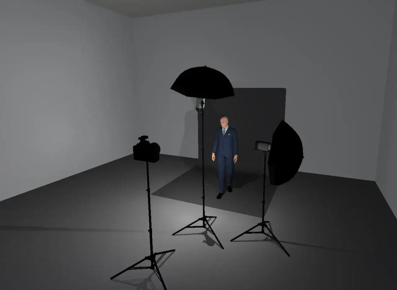 Oświetlenie studyjne przykłady: mężczyzna w garniturze pozuje do zdjęcia, otoczony przez lampy i parasolki fotograficzne.
