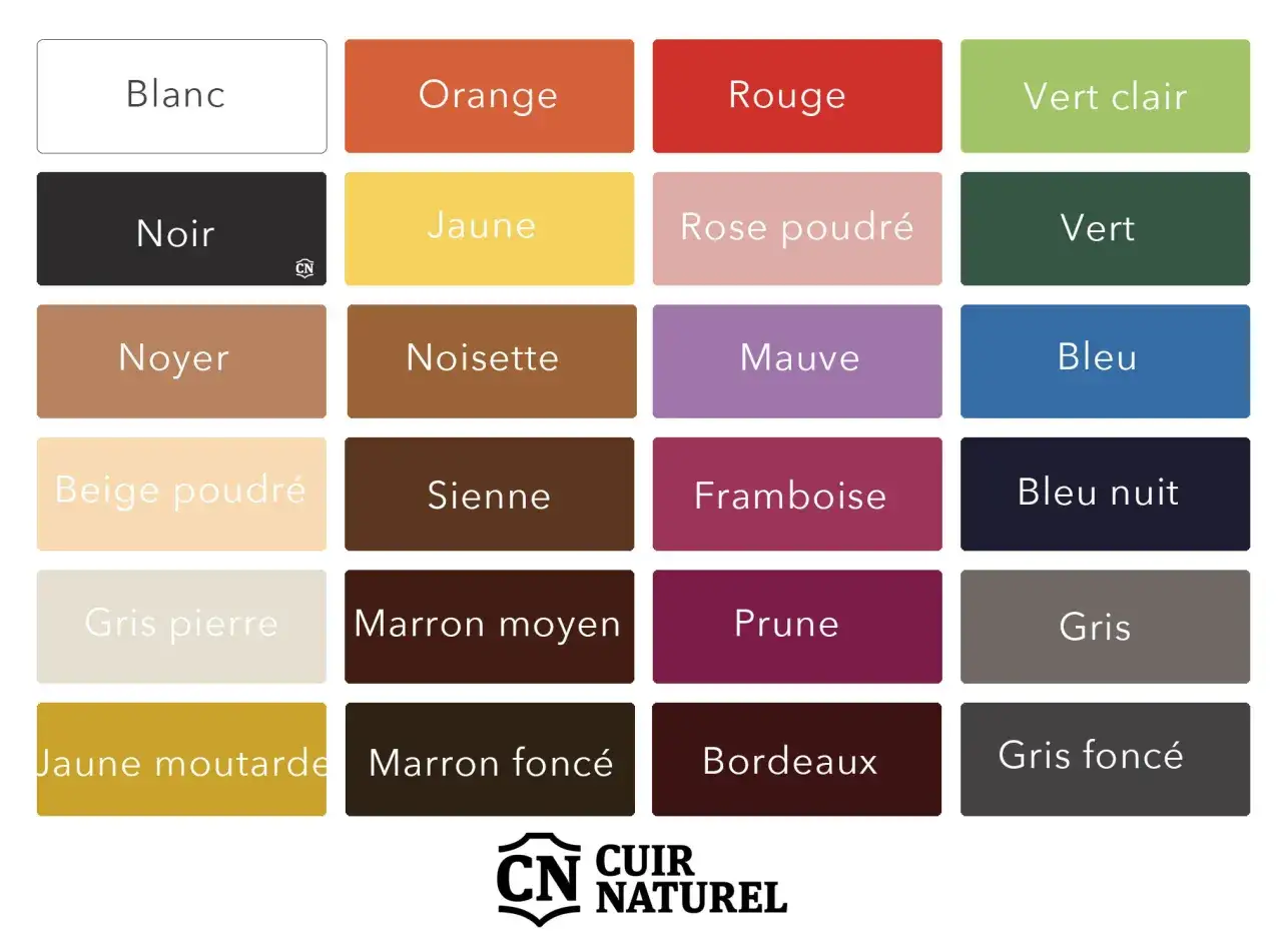 Palette de couleurs de cuir : blanc, noir, noyer, beige poudré, gris pierre, jaune moutarde, orange, jaune, noisette, marron moyen, marron foncé, rouge, rose poudré, mauve, sienne, framboise, prune, bordeaux, vert clair, vert, bleu, bleu nuit, gris, gr...
