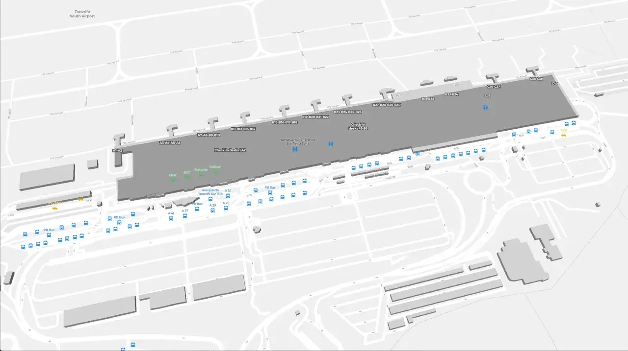 Karta över Tenerife flygplats, med terminaler, gater, buss- och taxizoner.