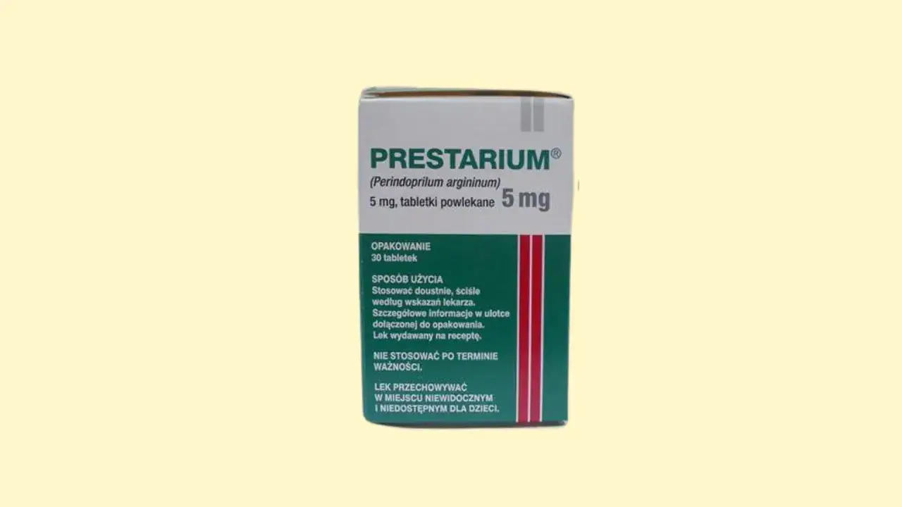 Opakowanie leku PRESTARIUM 5 mg, tabletki powlekane. Stosować doustnie, ściśle według wskazań lekarza.