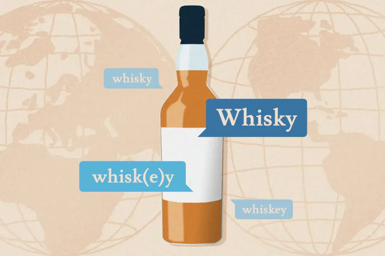 En flaska whisky med olika stavningar runt om, som 