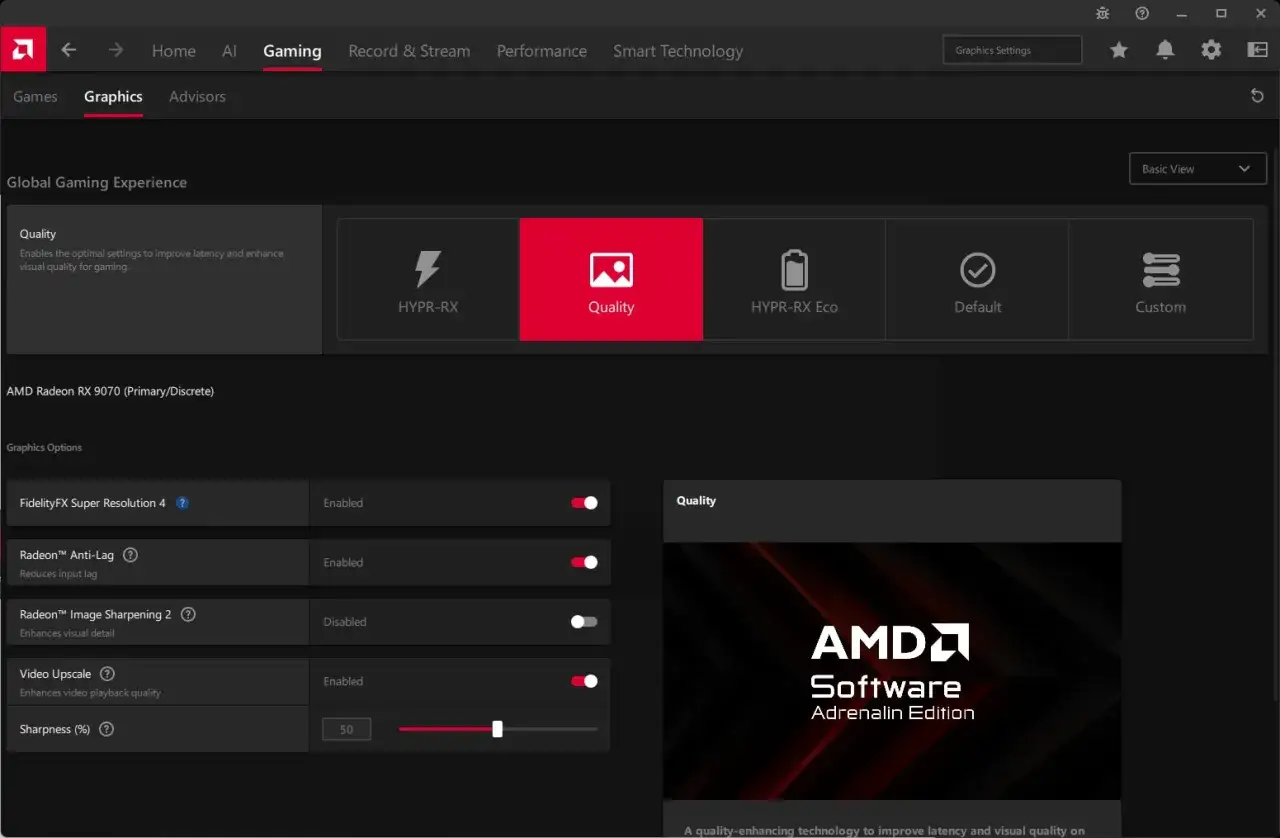 Ustawienia jakości w AMD Software Adrenalin Edition dla karty Radeon RX 9070. Optymalizacja dla graczy.