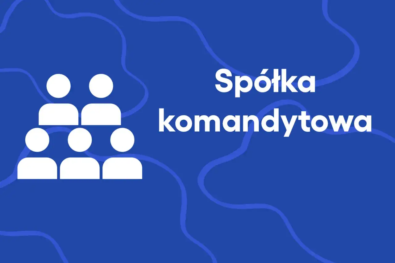 Białe ikony ludzi na niebieskim tle. Obok napis 