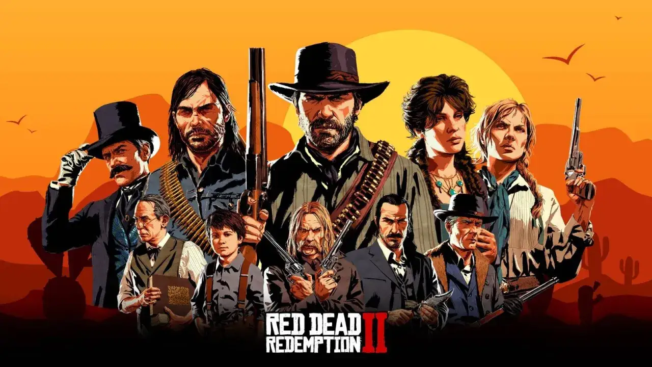 Postacie z Red Dead Redemption 2, w tym Sadie Adler, na tle zachodzącego słońca.
