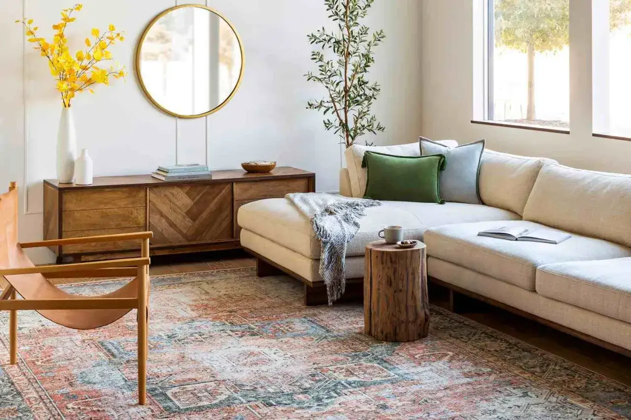 A sectional sofa, wooden credenza, and leather chair create a cozy living space. This arrangement shows what is the best way to arrange furniture for comfort and style.