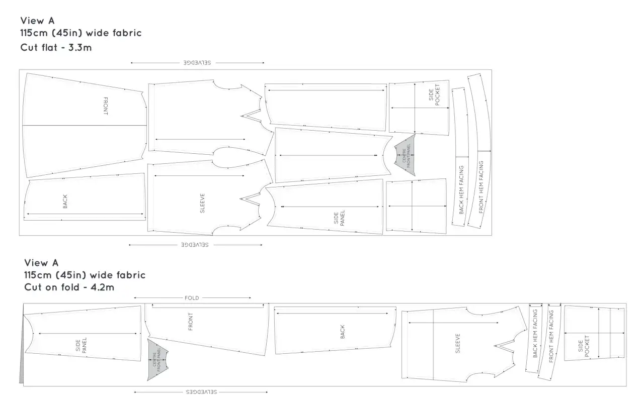 A sewing pattern for a DIY romper, showing fabric layout for front, back, sleeves, and pockets.
