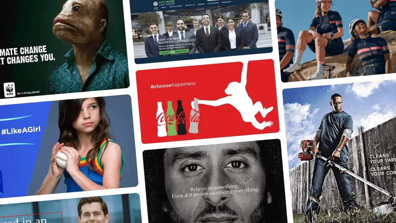 Różnorodne reklamy budzące emocje: od zaniepokojenia zmianami klimatu po radość z Coca-Coli i determinację.