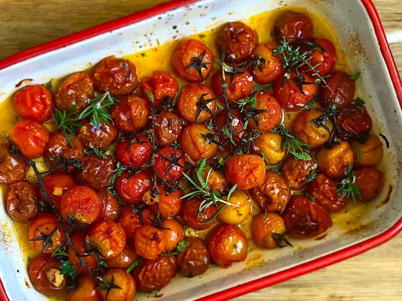 Tomates cherry confitados, dorados y jugosos, con hierbas frescas en una bandeja.