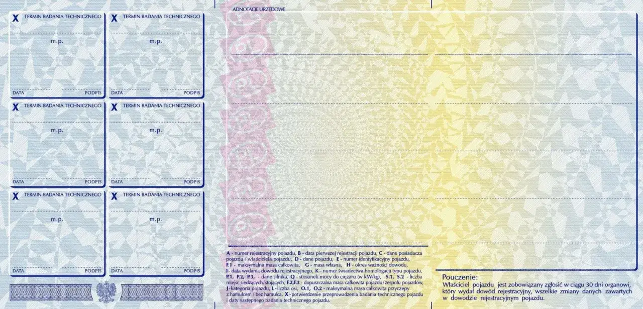 Dowód rejestracyjny z oznaczeniami terminów badań technicznych i adnotacjami urzędowymi.