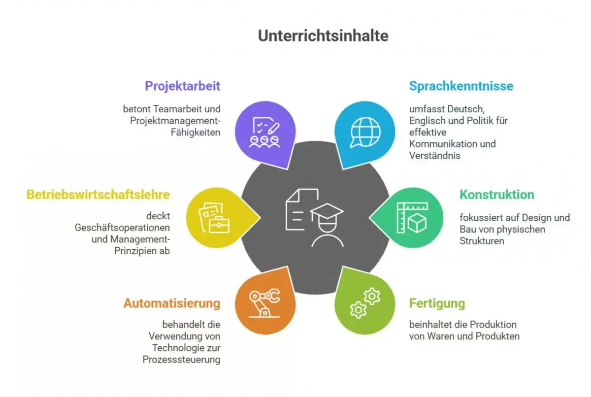 Unterrichtsinhalte für Techniker Abendschule NRW: Projektarbeit, BWL, Automatisierung, Fertigung, Konstruktion, Sprachkenntnisse.
