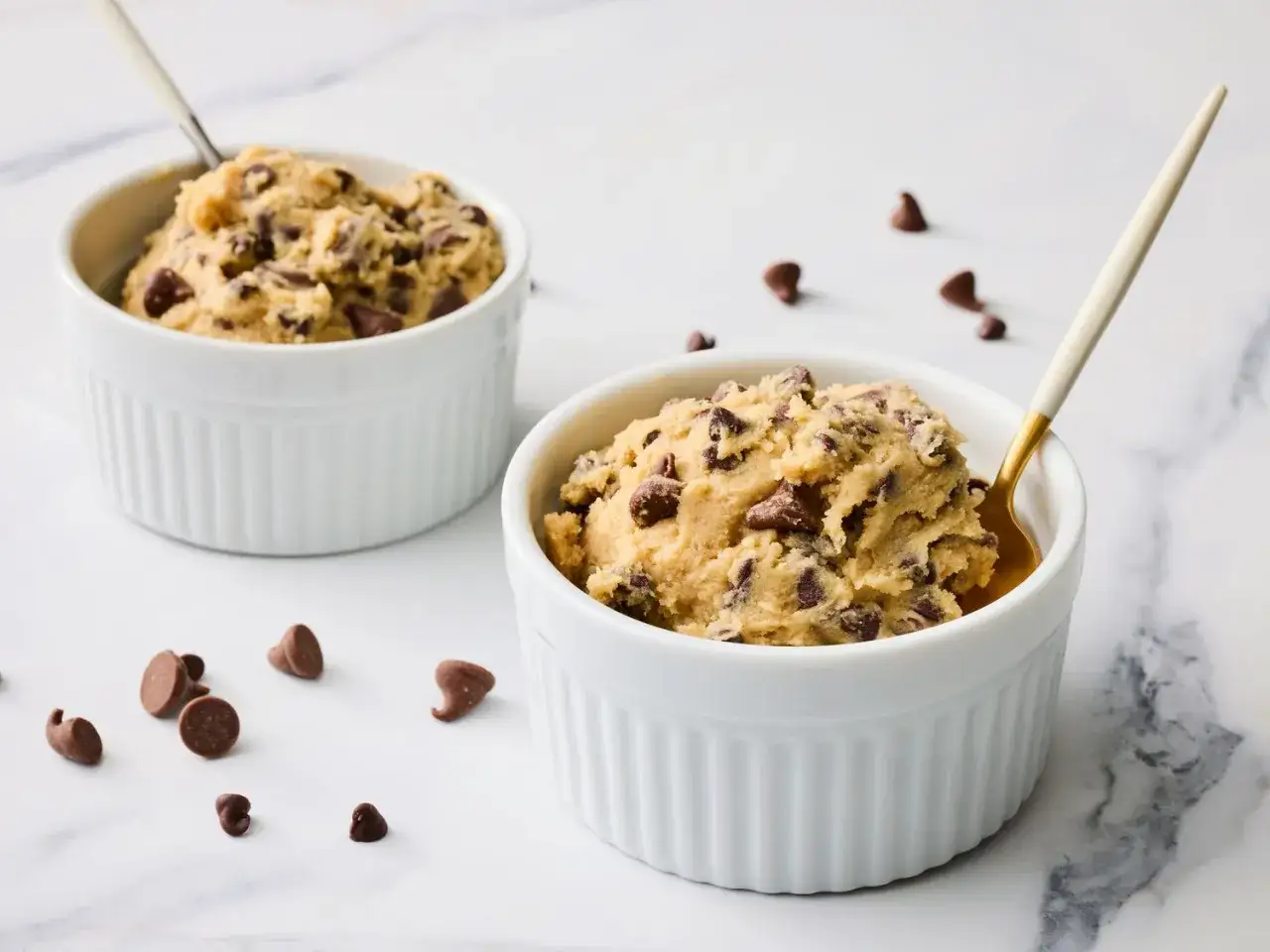 Tv&aring; sk&aring;lar med ljuvlig cookie dough, redo f&ouml;r ett enkelt cookie dough recept. Chokladbitar sprider sig p&aring; marmorbordet.