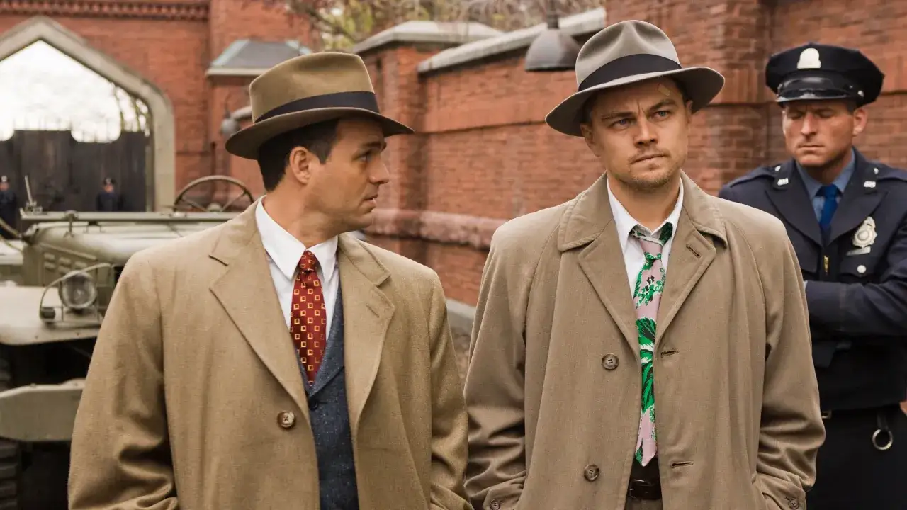 La distribution de Shutter Island : Leonardo DiCaprio et Mark Ruffalo, détectives en tenue d'époque, arrivent sur l'île avec un policier.