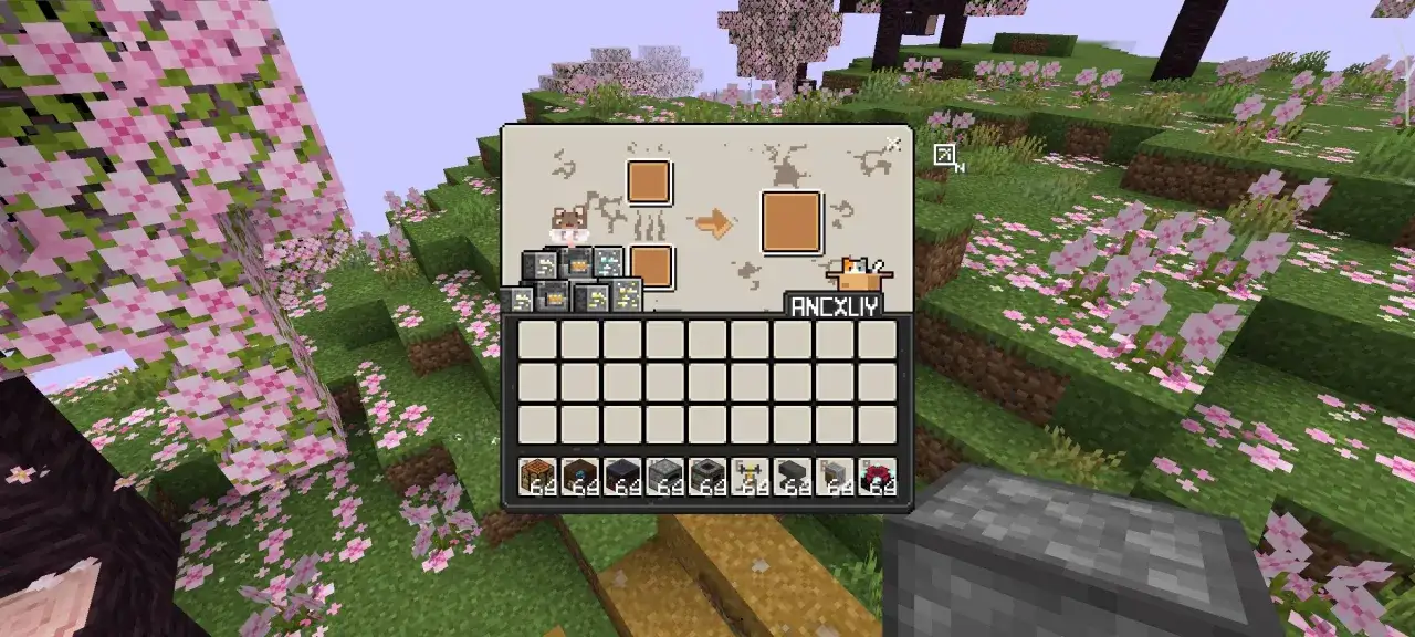 Strona z modami do Minecraft, gdzie widać ekwipunek z rudami i przedmiotami, na tle kwitnącej wiśni.