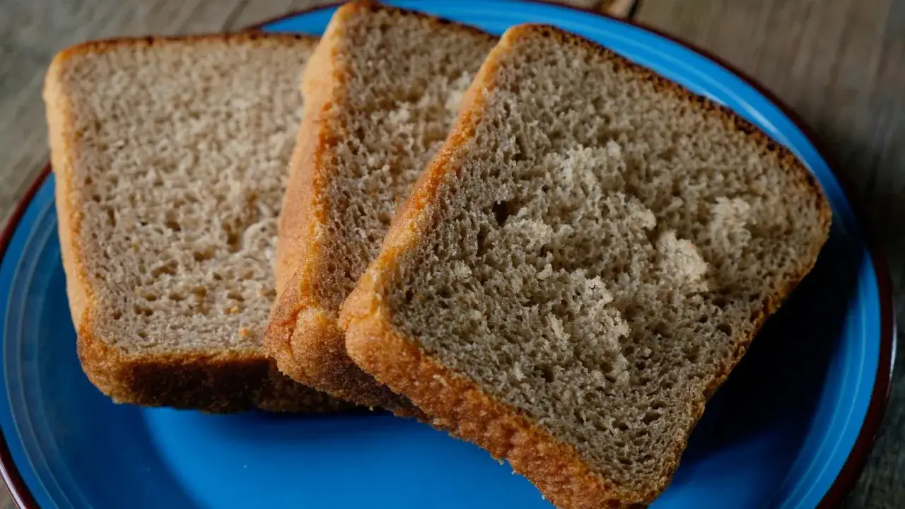 Trzy kromki ciemnego chleba na niebieskim talerzu. Czy chleb to bioodpady? Nie, to podstawa diety!
