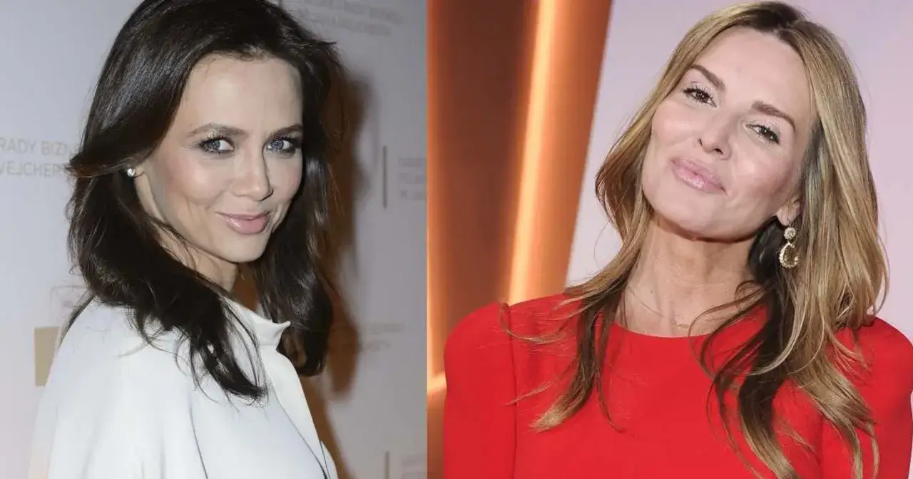Hanna Lis w białej kreacji i Kinga Rusin w czerwonej sukience, obie uśmiechnięte.