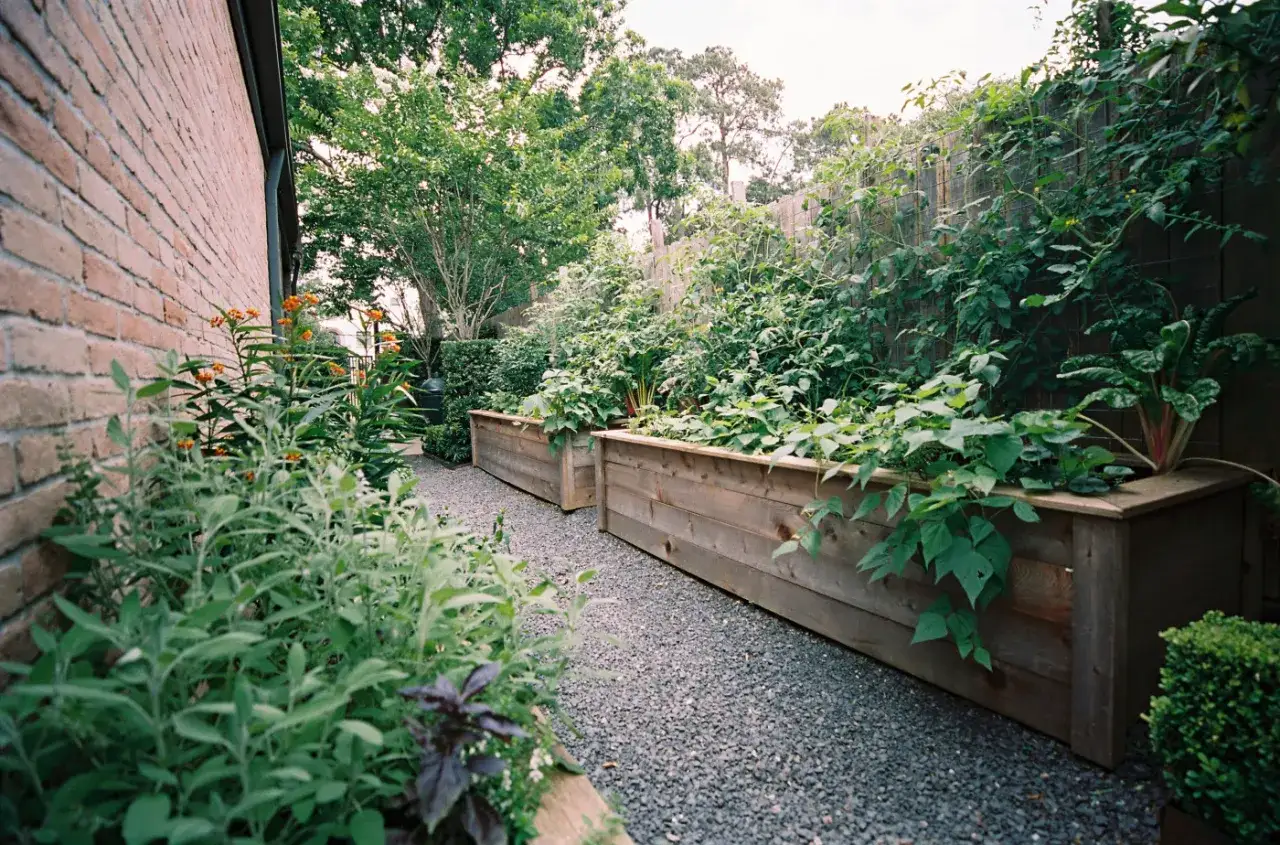 Jardin potager avec bacs en bois, plantes grimpantes et basilic &agrave; l'exposition parfaite.