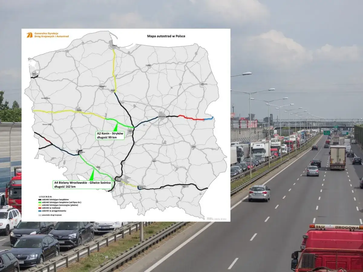 Mapa autostrad w Polsce z zaznaczonymi odcinkami A2 i A4. Koncesja na A2 jest płatna, a jej długość to 99 km. Obok autostrada z ruchem.