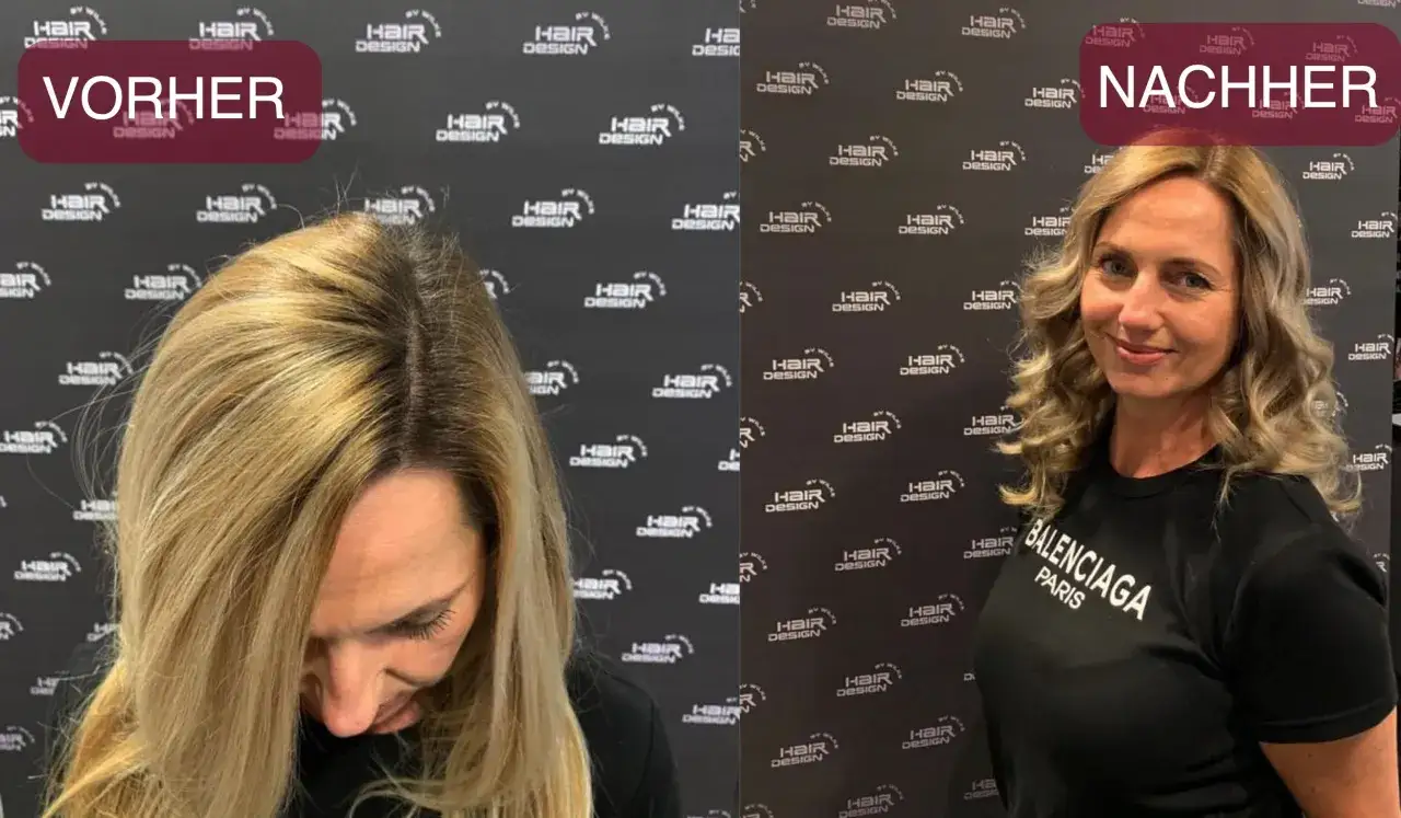 Vorher-Nachher-Vergleich: Blondine mit dunklem Ansatz, nach der Behandlung ein harmonischer color melting Look.
