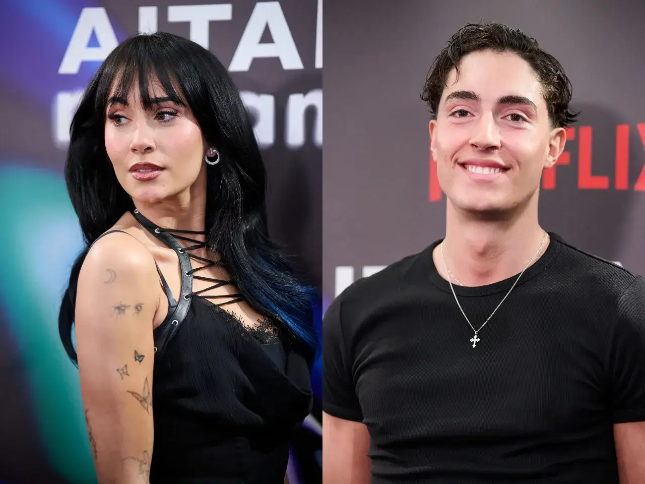 Aitana, con su look audaz y tatuajes, y un joven sonriente con un collar de cruz, ambos posando ante un fondo de Netflix.
