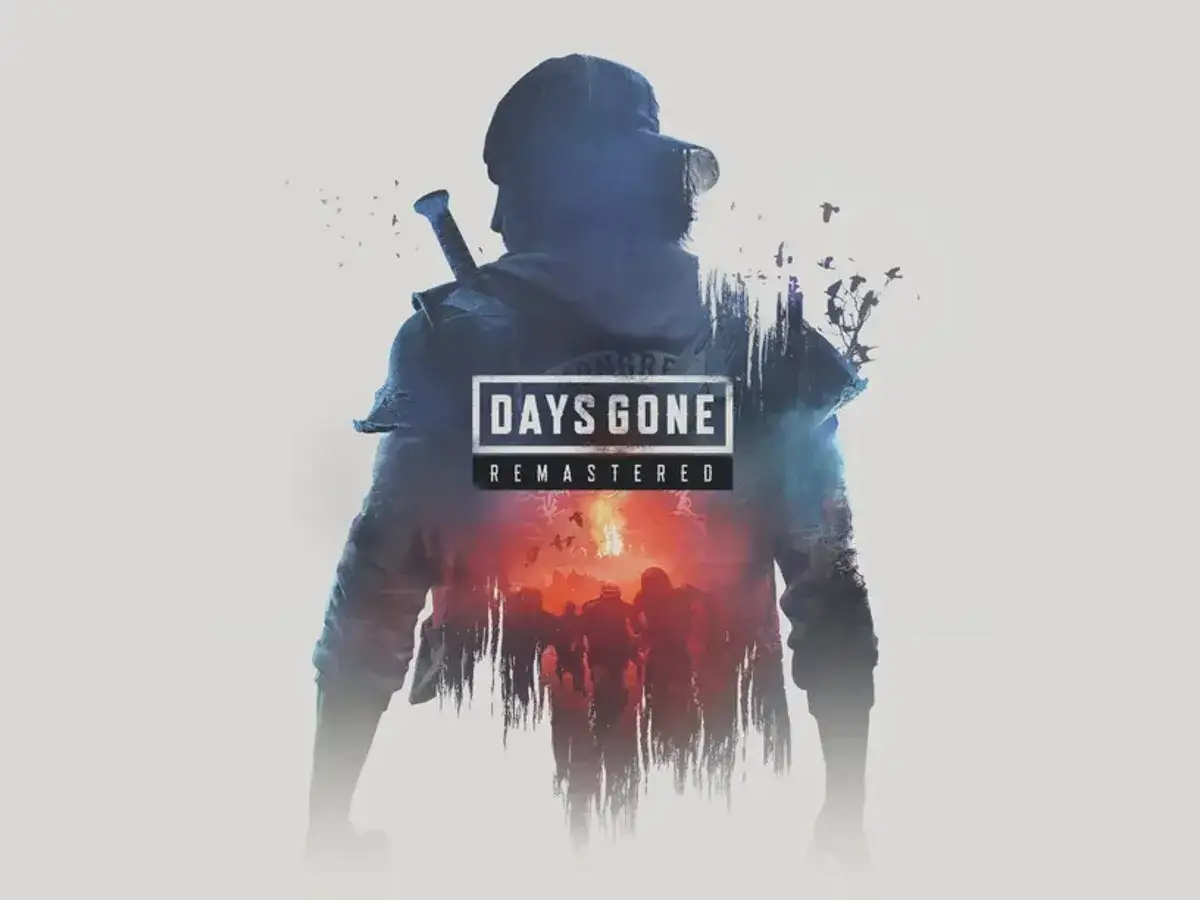 Okładka gry Days Gone Remastered na Xbox. Postać w kapturze z mieczem na plecach, a w tle horda zombie.