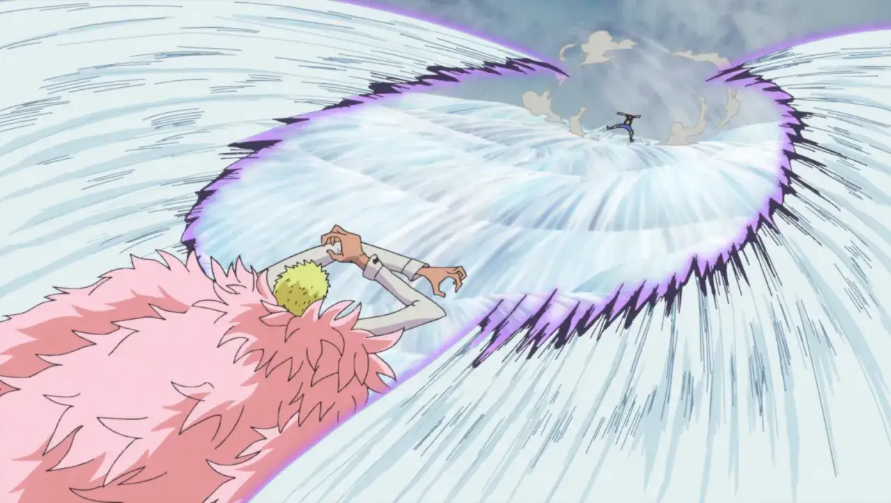 Doflamingo z One Piece tworzy gigantyczną falę, która pochłania małą postać.