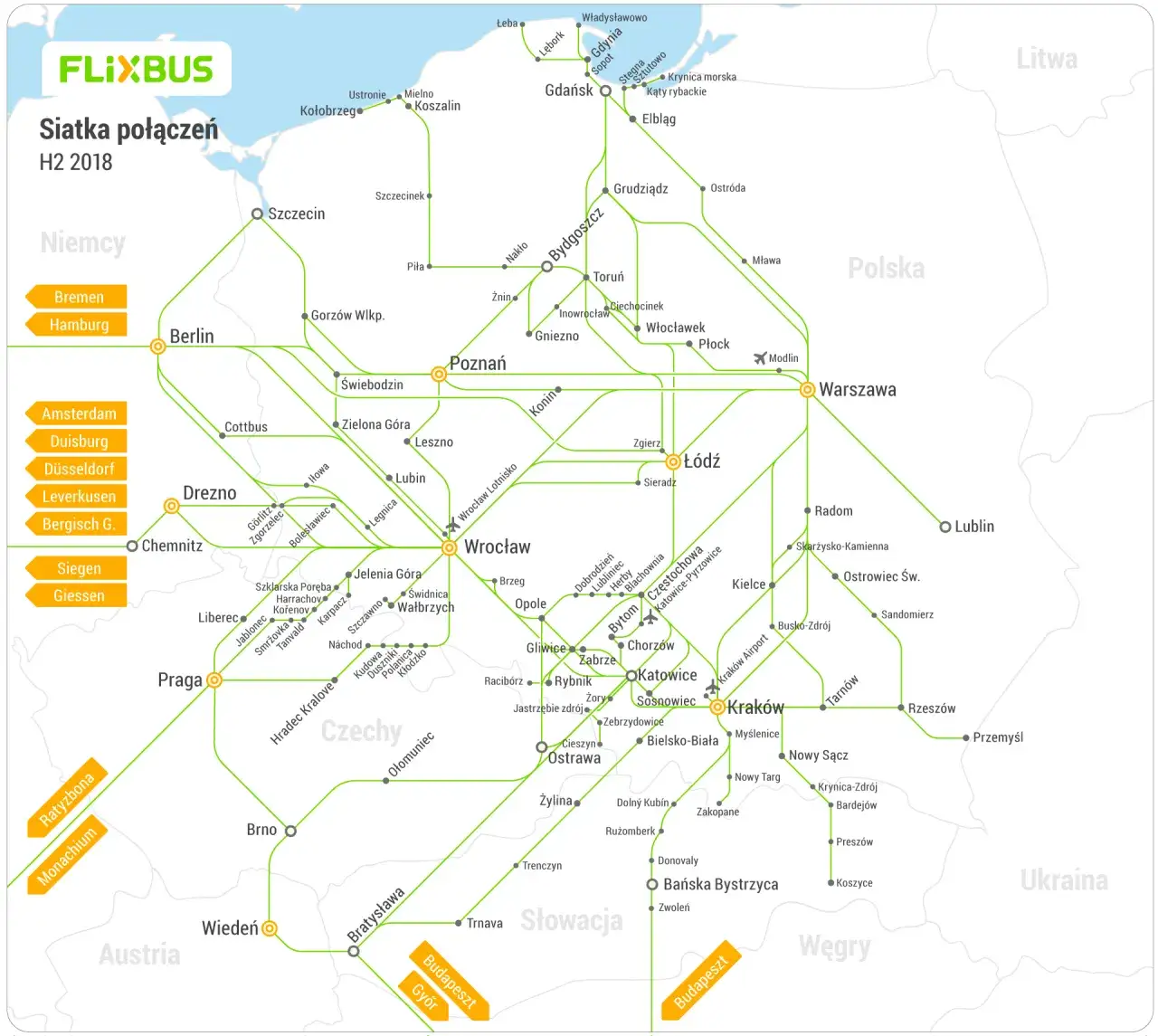 Mapa trasy autobusu Warszawa Wiedeń Flixbus