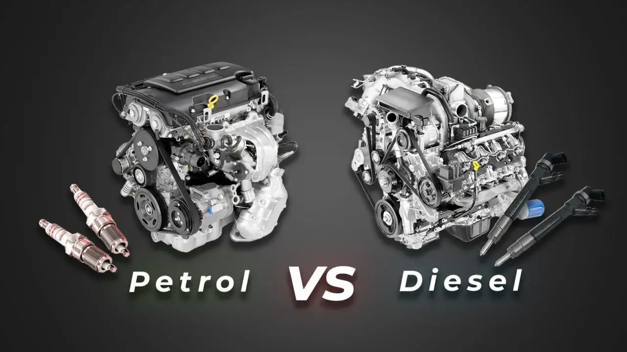 Motori a benzina e diesel a confronto, con candele e iniettori in primo piano.