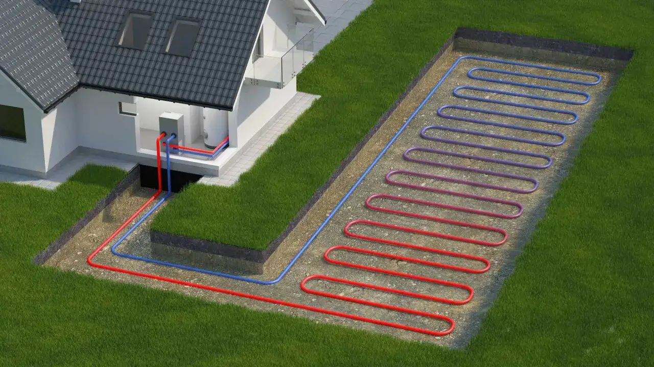 Sch&eacute;ma d'une maison avec une pompe &agrave; chaleur chauffage. Des tuyaux rouges et bleus traversent le sol, formant un r&eacute;seau souterrain pour capter la chaleur.