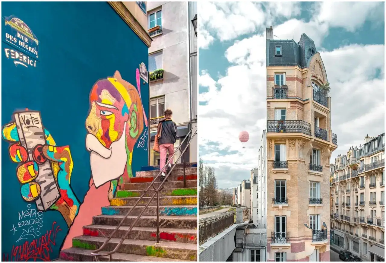 Escalier color&eacute; et street art sur un mur bleu, une personne monte les marches. &Agrave; droite, un immeuble parisien typique et une montgolfi&egrave;re rose. Une paris secret sortie.