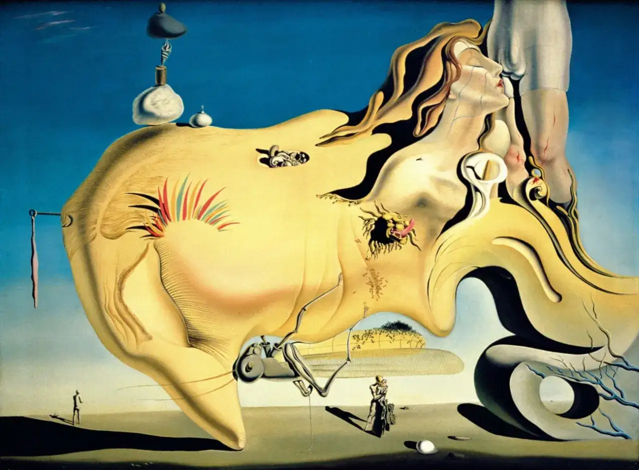 Ce tableau de Salvador Dalí représente une femme aux formes molles, un paysage désertique et des éléments surréalistes comme des horloges molles et des créatures étranges.
