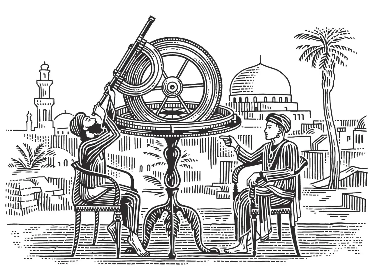 Zwei Männer mit einem astronomischen Instrument, das zeigt, was haben Araber erfunden: Wissenschaft und Fortschritt.