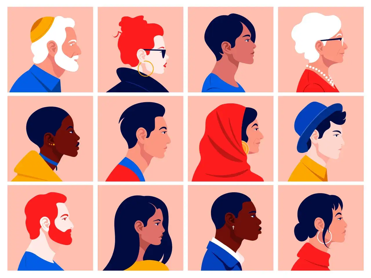 Dodici ritratti stilizzati di persone diverse, che mostrano la varietà di volti e stili. Questo ci ricorda che l'amore e l'attrazione non hanno confini, un po' come per chi si definisce pansessuale.